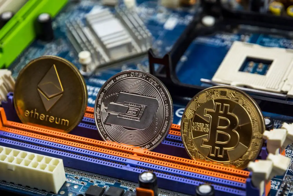 cryptocurrency coins on a video card 
