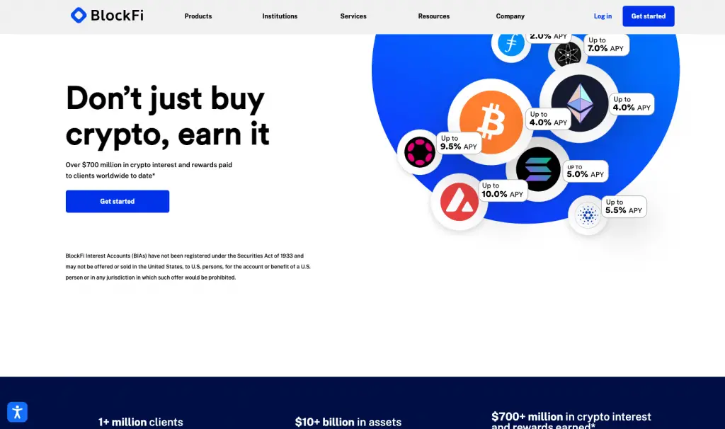 The homepage of BlockFi